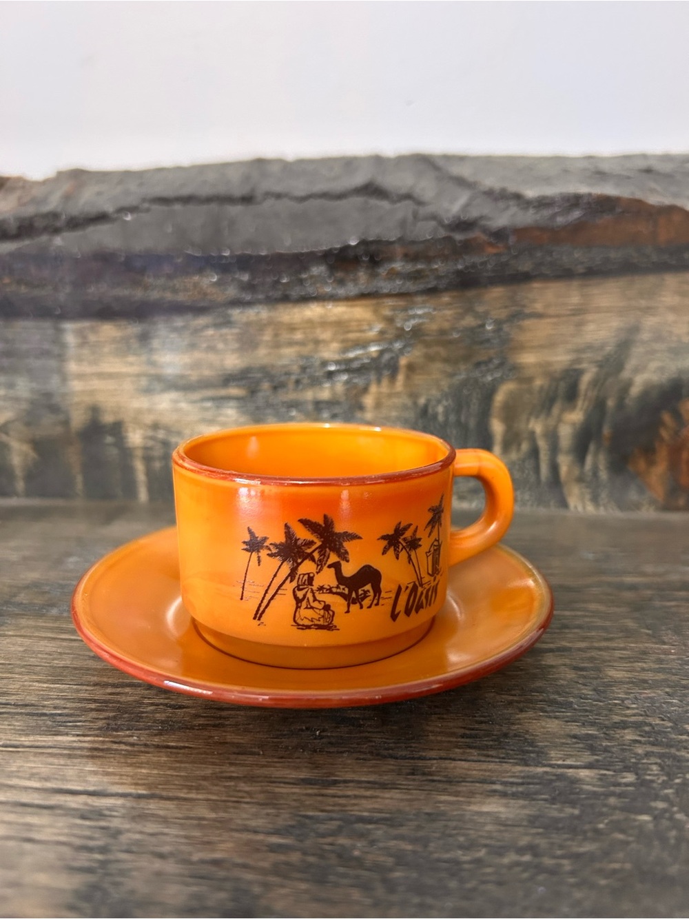 Vintage Orange/Brown Espresso Cups&Saucer with Tropical Camel Motif Oasis